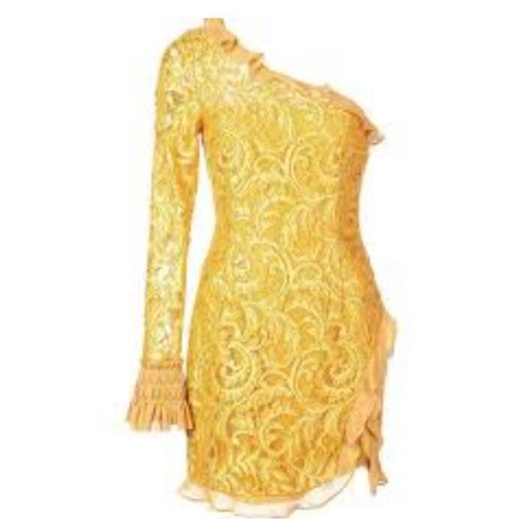 ALEXIS Sz M Medium Gold Yellow Lace One Shoulder Dress Tansy - Picture 9 of 9